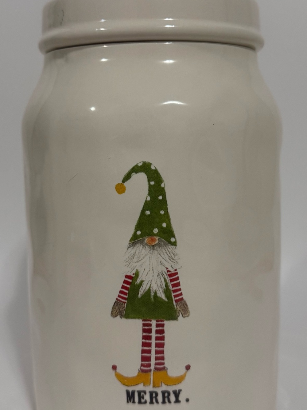 Rae Dunn MERRY Christmas Elf Gnome Ceramic Chubby Canister Cookie Jar Magenta
